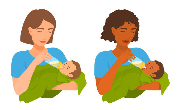 ilustraciones, imágenes clip art, dibujos animados e iconos de stock de una madre joven alimenta a un bebé de un biberón de alimentación. una mujer y un niño mirándose, sonriendo. un bebé lindo comiendo. - suckling