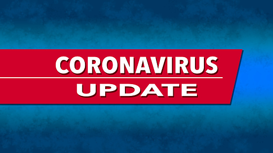 Coronavirus Update text in red, white, & blue in a wide screen banner 16:9