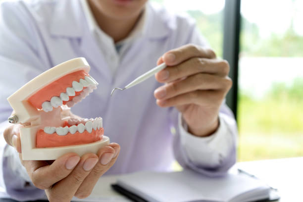 zahnarztarbeit auf dem tisch mit zahnersatz und zähnen röntgen - künstliches gebiss fotos stock-fotos und bilder