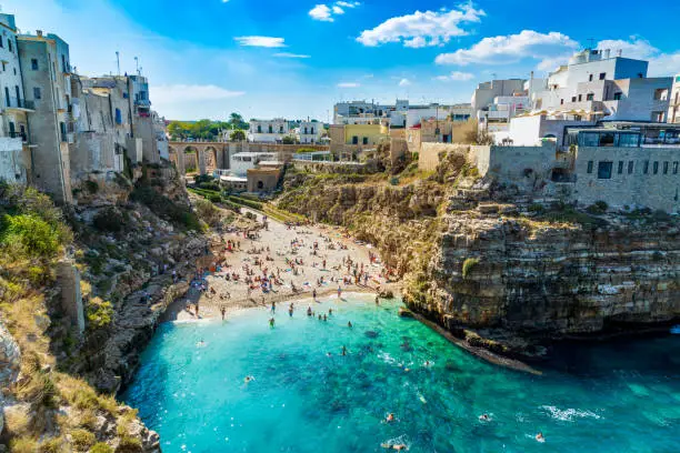 Polignano a Mare, Italy - October 1st, 2018: Scenic view of Lama Monachile Cala Porto beach in Polignano a Mare, province Bari, region Puglia, Sauthern Italy