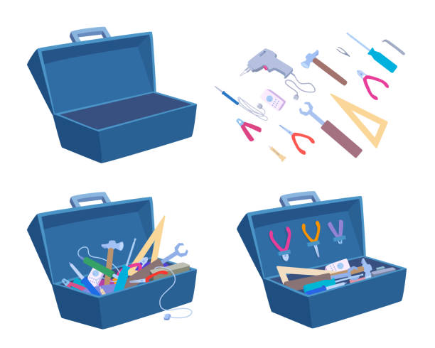 leere und vollständig geöffnete toolbox. instrumente separat. - werkzeugkoffer stock-grafiken, -clipart, -cartoons und -symbole