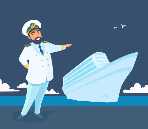 Vector illustration of A friendly captain of the cruise liner invites to the board, pointing his hand, smiling. Sea voyage.