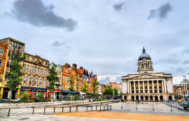 Old Market Square with Nottingham City Council, England Old Market Square with City Council House in Nottingham, England nottingham stock pictures, royalty-free photos & images