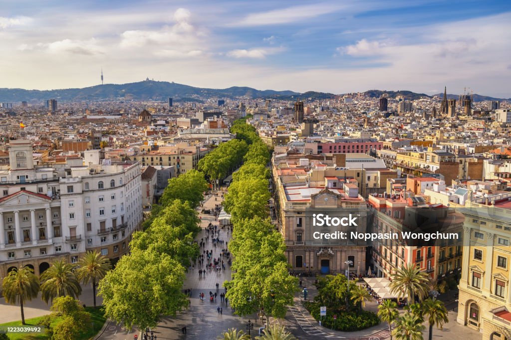 Barcelona Spain, high angle view city skyline at La Rambla street Barcelona - Spain Stock Photo