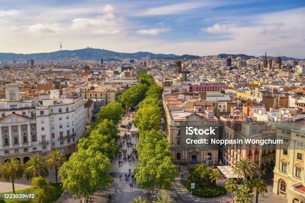 Barcelona Spain High Angle View City Skyline At La Rambla Street Stock Photo - Download Image Now