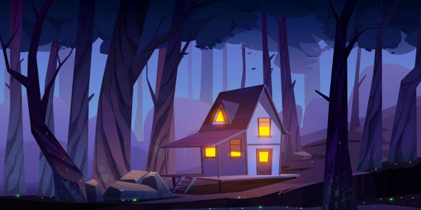 istock Wooden mystic stilt house, shack in night forest 1223039748