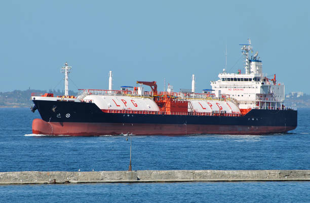 Sea transportation of LPG Sea transportation of Liquefied Petroleum Gas. LPG tanker is heading to LPG terminal for gas loading odessa ukraine photos stock pictures, royalty-free photos & images