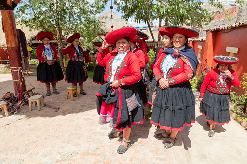 Group Peruvian women dressed in national clothing, Cusco, Peru.