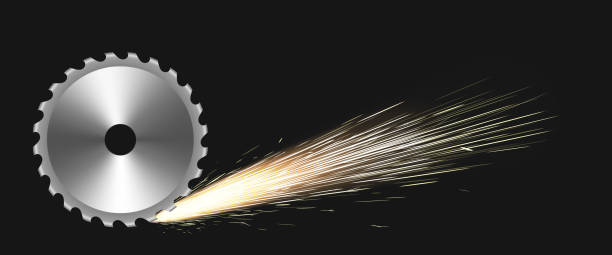 Rotating circular saw blade with fire sparks Rotating circular saw blade with fire sparks. Vector realistic illustration with flare effect of cutting metal by steel saw disc isolated on black background. Weld sparks of industrial works with iron grinding metal power work tool stock illustrations