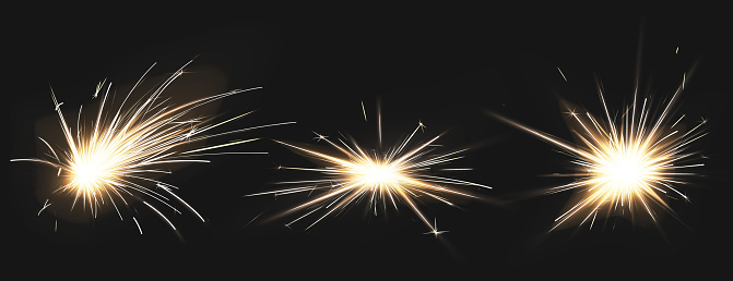 Weld sparks isolated on black background. Vector realistic flare effect of metal welding, iron cutting, fireworks or electric flash. Set of light flashes of industrial works with steel or firecrackers