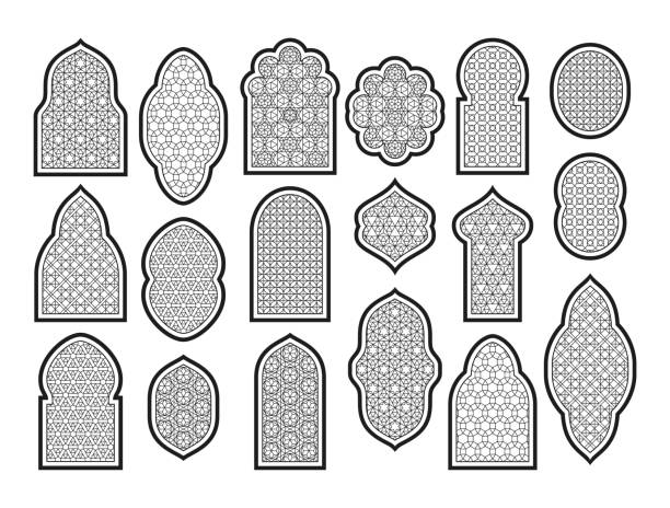 아랍어 또는 이슬람 창 세트입니다. 벡터 그림입니다. - lace frame retro revival floral pattern stock illustrations