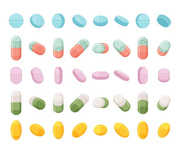 현실적인 알 약의 집합, 정제 및 캡슐. 3d 아이소메�트릭 플랫 약물. 흰색 배경에서 격리된 벡터 모형입니다. - capsule medicine vitamin pill narcotic stock illustrations