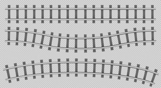 Train rails top view, railway track construction Train rails top view, railway track, straight, curve and wavy path, steel sleepers for metro, logistics transportation construction isolated on transparent background. Realistic 3d vector illustration railroad track stock illustrations