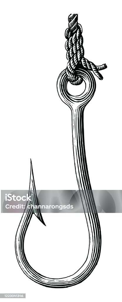 Gancho de pesca a mano dibujo estilo vintage clip art blanco y negro aislado en fondo blanco - Ilustración de stock de Anzuelo de pesca libre de derechos