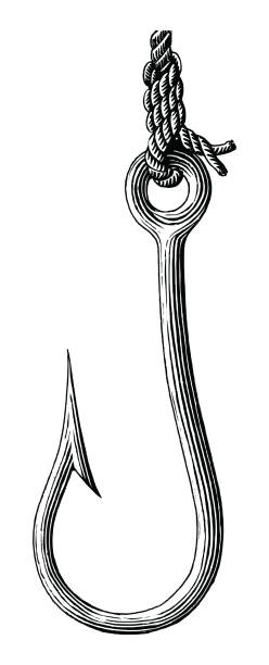 Fishing hook hand drawing vintage style black and white clip art isolated on white background