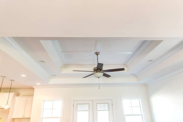 istock White tray ceiling in small new construction house with windows and a fan 1223041471