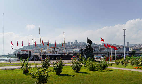 Samsun / Turkey - August 09 2019: Panoramic city view with ship called Bandirma