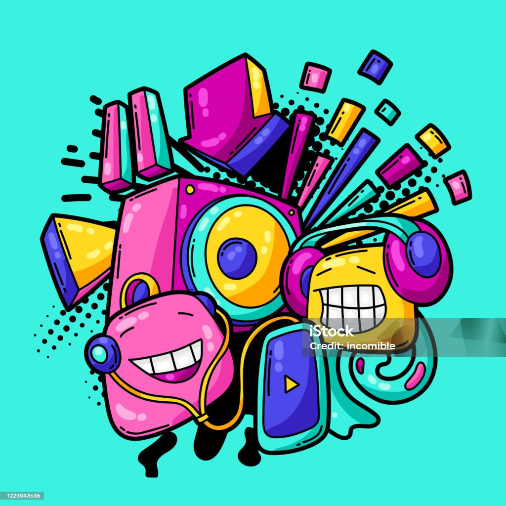 Background With Cartoon Musical Items Stock Illustration - Download Image  Now - Sticker, DJ, Acoustic Guitar - iStock