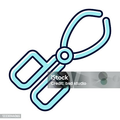 istock Crucible tongs blue color icon. Surgeon, doctor, dentist equipment. Stainless steel laboratory instrument. Beaker pliers. Forceps clamp. Organic chemistry. Isolated vector illustration 1223044065