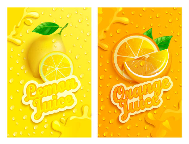 ilustraciones, imágenes clip art, dibujos animados e iconos de stock de conjunto de limón fresco y jugos de naranja. - healthy eating backgrounds freshness luxury