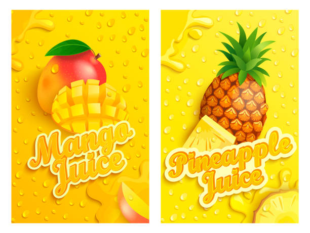 illustrations, cliparts, dessins animés et icônes de ensemble de fond frais de mangue et de jus d’ananas. - healthy eating backgrounds freshness luxury