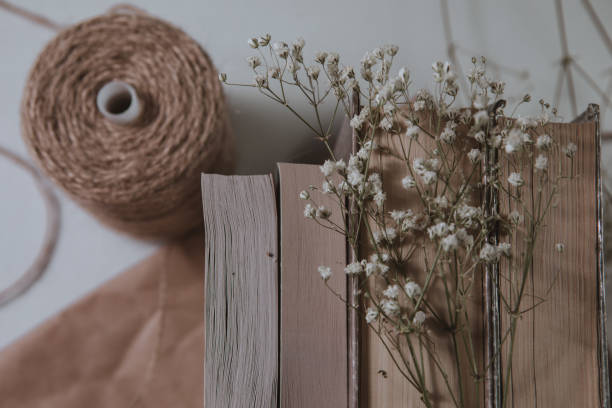istock Vintage rustic set with books with flowers. Education object. Nature background. Botanical wallpaper. 1223047985