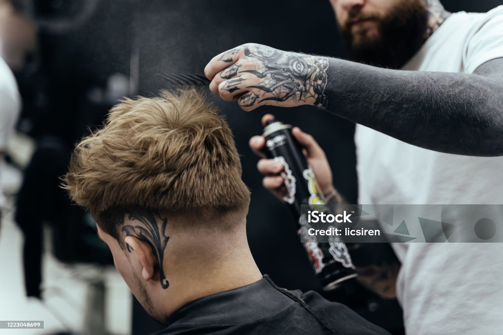 Barber Makes Hair Styling With Hair Spray After Haircut At The Barber Shop  Young Handsome Caucasian Man Getting A Haircut In A Modern Hairsalon Stock  Photo - Download Image Now - iStock
