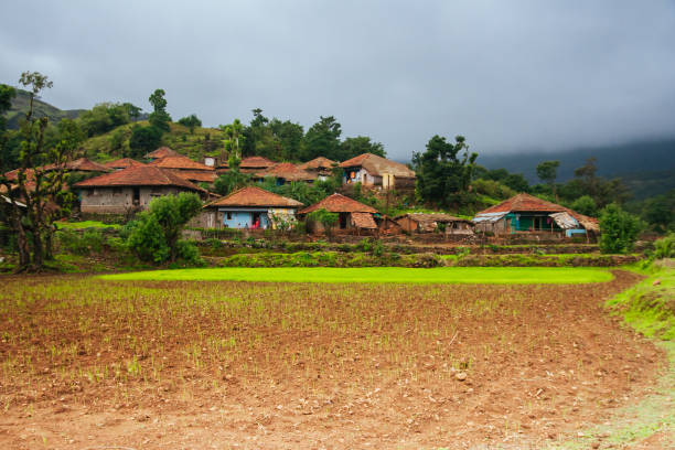 Rural housing on a moist summer's day near Ratangad fort in Maharashtra in India