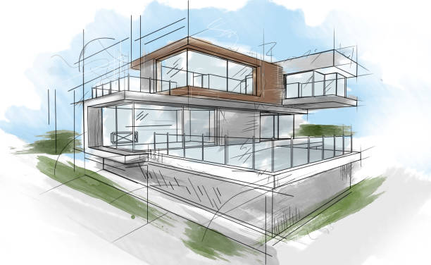 ilustrações de stock, clip art, desenhos animados e ícones de sketch of a beautiful modern house - three dimensional blueprint construction housing project