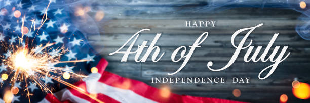"Happy 4th Of July Independence Day" American Flag With Sparkler And Smoke On Wooden Background With Words "Happy 4th Of July Independence Day" - Independence Day Celebration Concept independence day holiday photos stock pictures, royalty-free photos & images