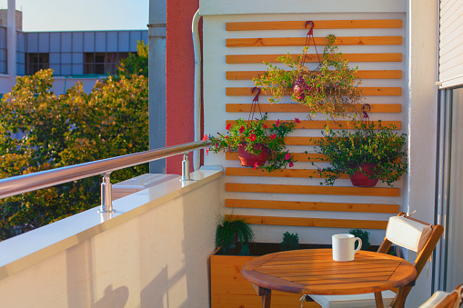 Beautiful sunny afternoon on a modern balcony with wooden coffe table, chairs, coffee cup and vertical garden.