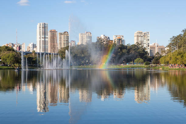 Fountain makes a rainbow in Ibirapuera Park, Sao Paulo - Brazil