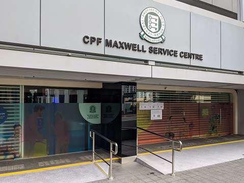 Singapore. May 2020. The picture displays a store for the CPF (Central Provident Fund) Maxwell Service Centre in Club Street Singapore. CPF is a compulsory comprehensive savings and pension plan for working Singaporeans and permanent residents primarily to fund their retirement, healthcare, and housing needs in Singapore.