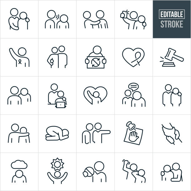 Sexual Harassment Thin Line Icons - Editable Stroke A set of sexual harassment icons that include editable strokes or outlines using the EPS vector file. The icons include work and other situations of sexual harassment. They include a manager holding a colleague, employee using inappropriate language to another employee, employee advances on another worker as they push away, worker taking a picture of another employee against their will, awareness ribbon, gavel, boss with hand on the shoulder of one of his employees, person experiencing emotion distress from sexual harassment, hope, hands clasped, support for those that are sexually harassed and other related icons. harassment stock illustrations
