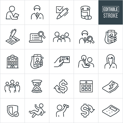 A set of health insurance icons that include editable strokes or outlines using the EPS vector file. The icons include a doctor, nurse, medical check-up, prescription medication, checkbox, insurance form, family of four, online doctor search, online prescription, hospital, insurance card, prescription card, medical team, hour glass, healthcare costs up, healthcare costs down, calendar appointment, patient in hospital bed, security shield, person falling, rehabilitation and a calculator to name a few.