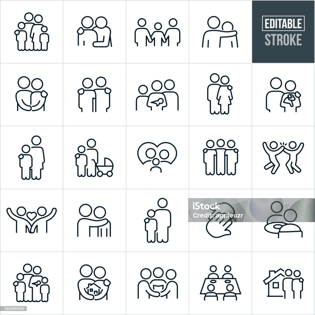 Family And Relationships Thin Line Icons - Editable Stroke A set family and loving relationships icons that include editable strokes or outlines using the EPS vector file. The icons include a family of four, father with arm around shoulder of child, family of three holding hands, father with arm around shoulder of son, husband and wife holding hands, family of four with mother holding baby, man with arm on shoulder of woman, couple holding a puppy dog, mother with arm on shoulder of son, mother and son with baby stroller, family in a heart, couple holding hands, two hands touching, a couple seated at a table eating, family of five, couple holding a house, couple getting married, family of four at dinner table and a couple in front of a new home to name a few. Icon stock vector