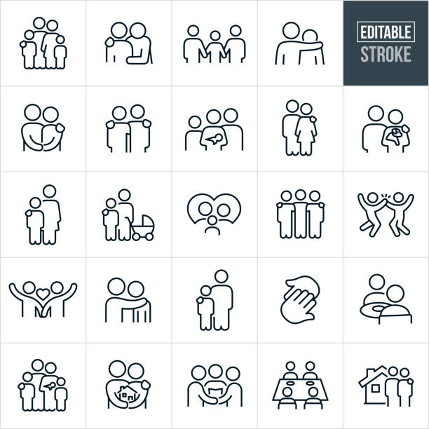 Family And Relationships Thin Line Icons - Editable Stroke A set family and loving relationships icons that include editable strokes or outlines using the EPS vector file. The icons include a family of four, father with arm around shoulder of child, family of three holding hands, father with arm around shoulder of son, husband and wife holding hands, family of four with mother holding baby, man with arm on shoulder of woman, couple holding a puppy dog, mother with arm on shoulder of son, mother and son with baby stroller, family in a heart, couple holding hands, two hands touching, a couple seated at a table eating, family of five, couple holding a house, couple getting married, family of four at dinner table and a couple in front of a new home to name a few. black family home stock illustrations