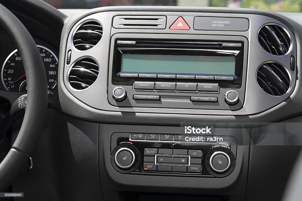 Panel console Vehicle instrument panel console and car stereo radio. Car Stereo Stock Photo