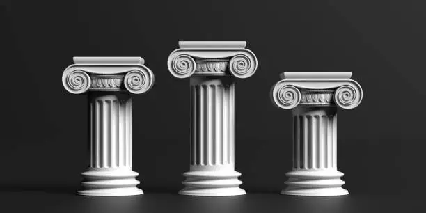 Winners marble pedestal, podium. Three ionic classic stone columns isolated on black background. Product presentation, ad concept. 3d illustration