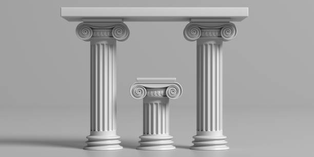 mesa monaglade griega antigua con columnas de pilares de mármol, sobre fondo gris. ilustración 3d - column greece pedestal classical greek fotografías e imágenes de stock