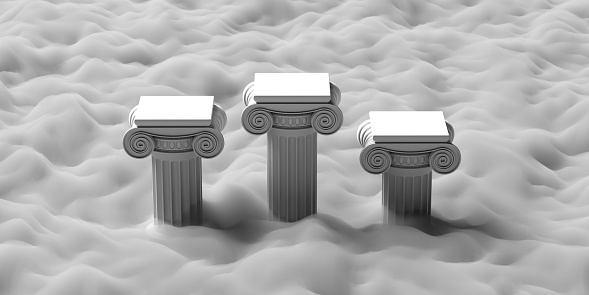 Pedestal podium in the sky above clouds. Three ionic classic stone columns on cloudscape background. Victory, win concept. 3d illustration