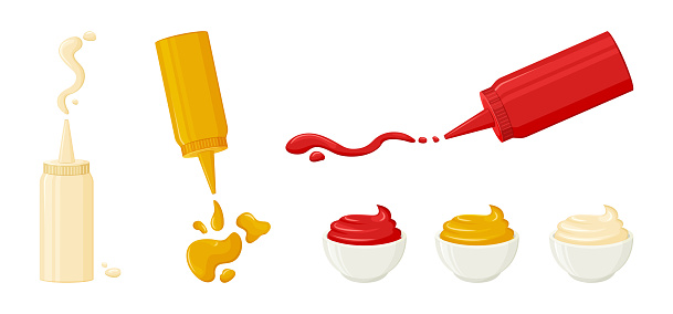 Mayonnaise, mustard, tomato ketchup. Sauces in bottles and bowls. Various hot spice sauces spilled strips, drops and spots. Vector illustration