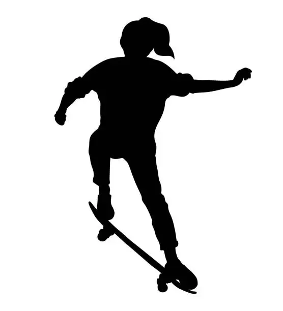 Vector illustration of Black silhouette of skateboarder isolated on white background. Skateboard girl. Skateboarding trick ollie. Jump on skateboard.