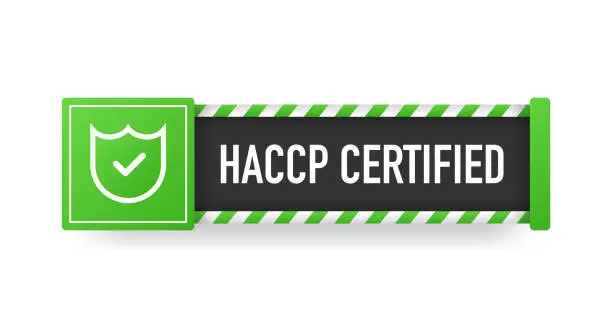 Vector illustration of HACCP CERTIFIED green sign. Striped frame. Banner isolated on white background. Vector.