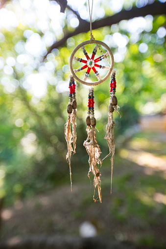 Old Dreamcatcher Hanging From a Branch in Forest.
