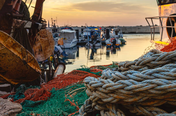 Ropes and fishing nets at the port of Jaffa. Tel Aviv, Israel. Fishing business in Jaffa. View of the sea port. mooring line stock pictures, royalty-free photos & images