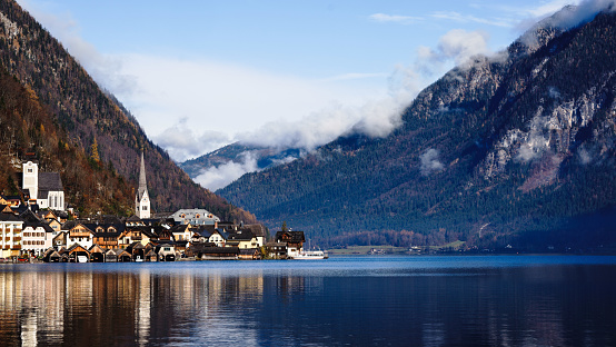 Sunrise in Hallstatt mountain village with Hallstatter See in fall