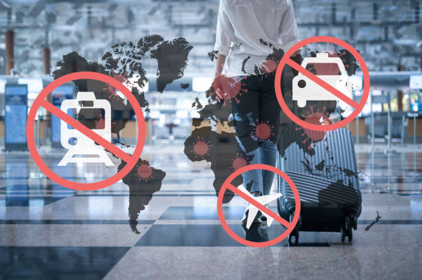 stop travel in virus outbreak and trip-cancellation concept, young woman carrying luggage with ignore icon - customs emigration and immigration prevent entrance imagens e fotografias de stock
