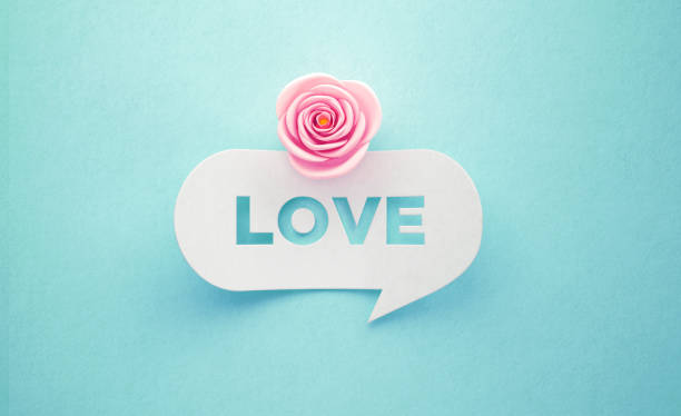 Pink rose sitting over a love written speech bubble on turquoise background. Horizontal composition with copy space.