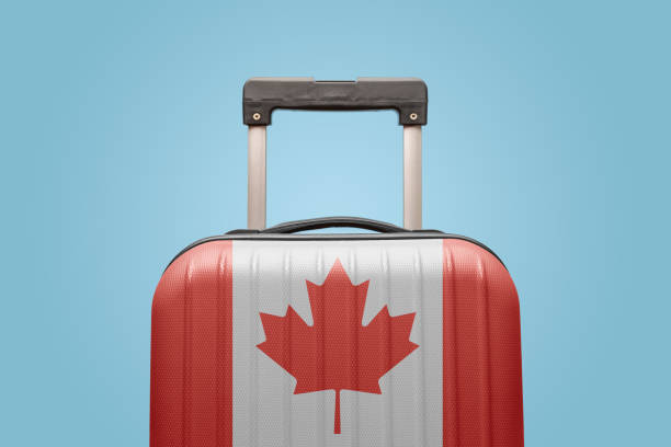 Baggage with Canada flag print tourism and vacation concept. Suitcase with Canadian flag design travel America concept. canada trip stock pictures, royalty-free photos & images